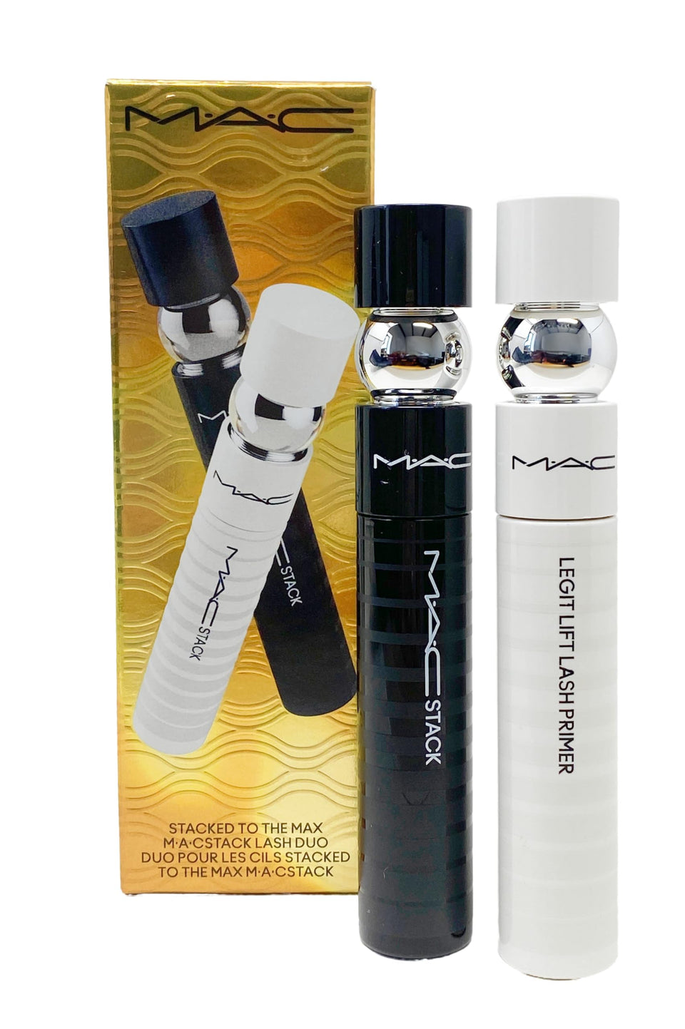 MACStack Mascara bottle with wand showing 24-hour wear and clump resistance