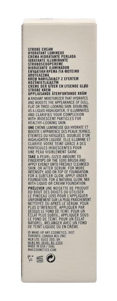 MAC Strobe Cream Pink Lite iridescent particles visible in product detail.