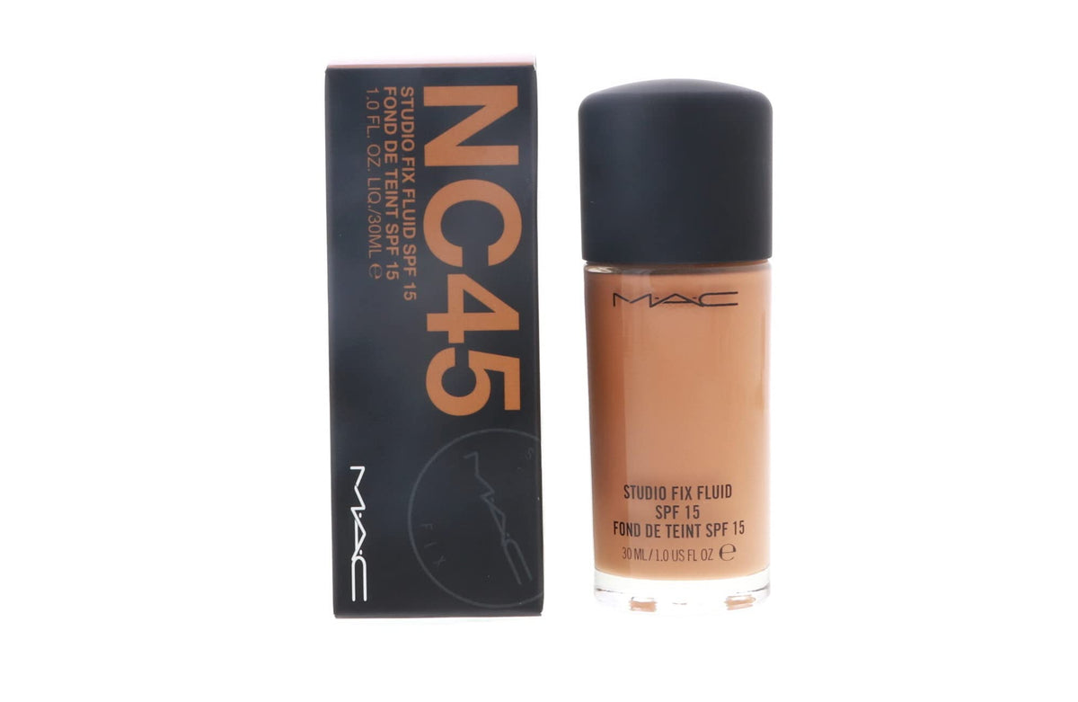 MAC Studio Fix Fluid bottle front view with hydrating foundation and NC45 shade