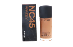 MAC Studio Fix Fluid bottle front view with hydrating foundation and NC45 shade