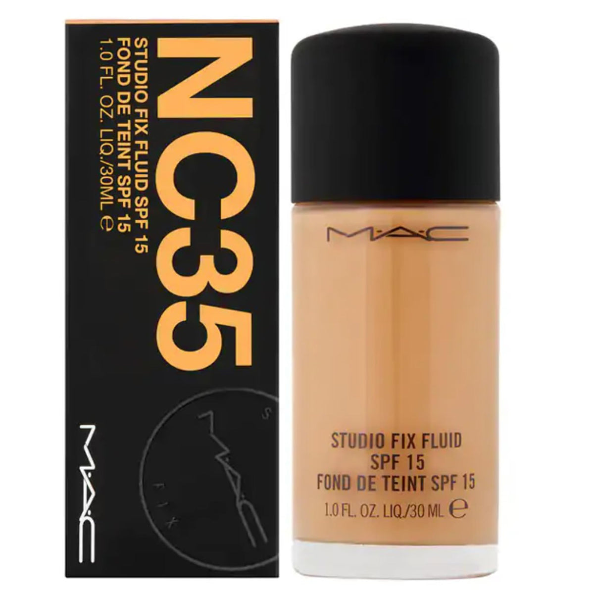 MAC Studio Fix Fluid NC35 application scene emphasizing smooth coverage and SPF 15.