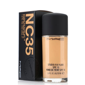 MAC Studio Fix Fluid Foundation NC35 bottle close-up highlighting oil-free natural matte finish.