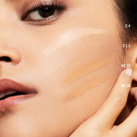 MAC Studio Fix Fluid NC35 swatch on skin showing even tone and shade match.