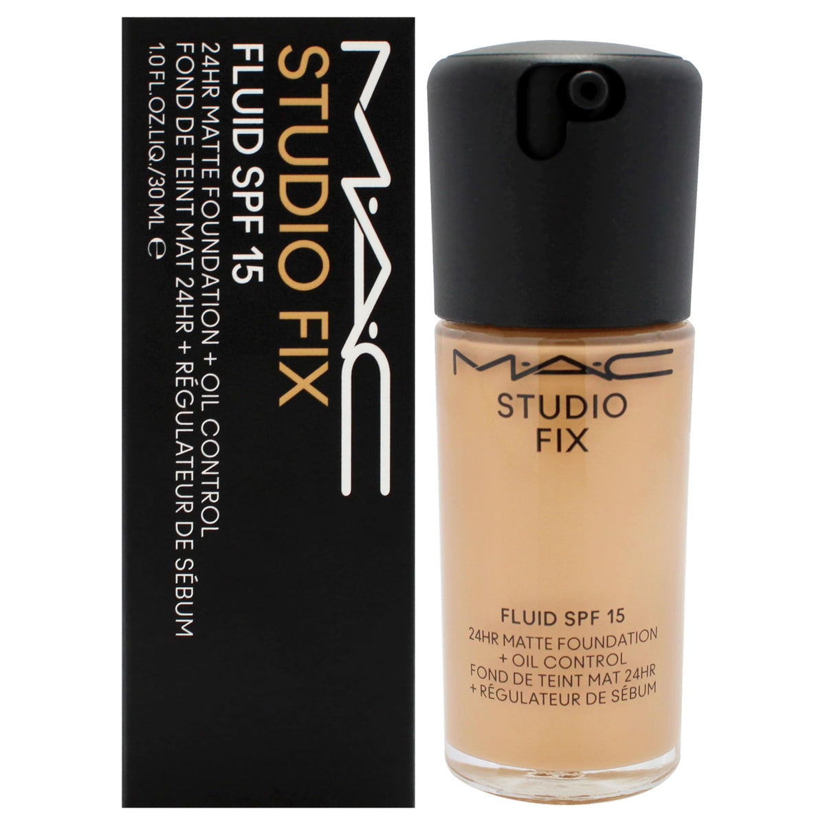 MAC Studio Fix Fluid SPF 15 bottle pour demonstrates matte finish and even coverage.