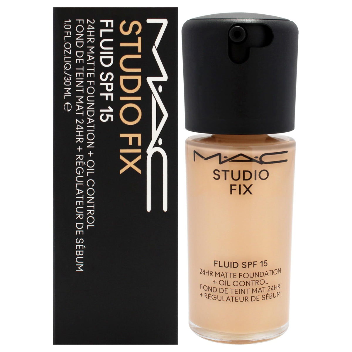 MAC Studio Fix Fluid SPF 15 bottle with pump for smooth, even coverage.