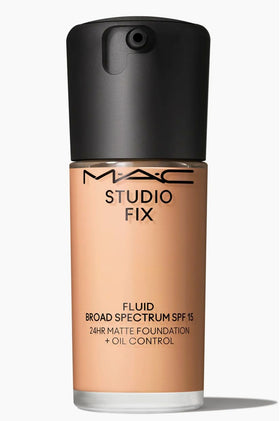 MAC Studio Fix Fluid bottle, oil-control foundation for all-day wear.