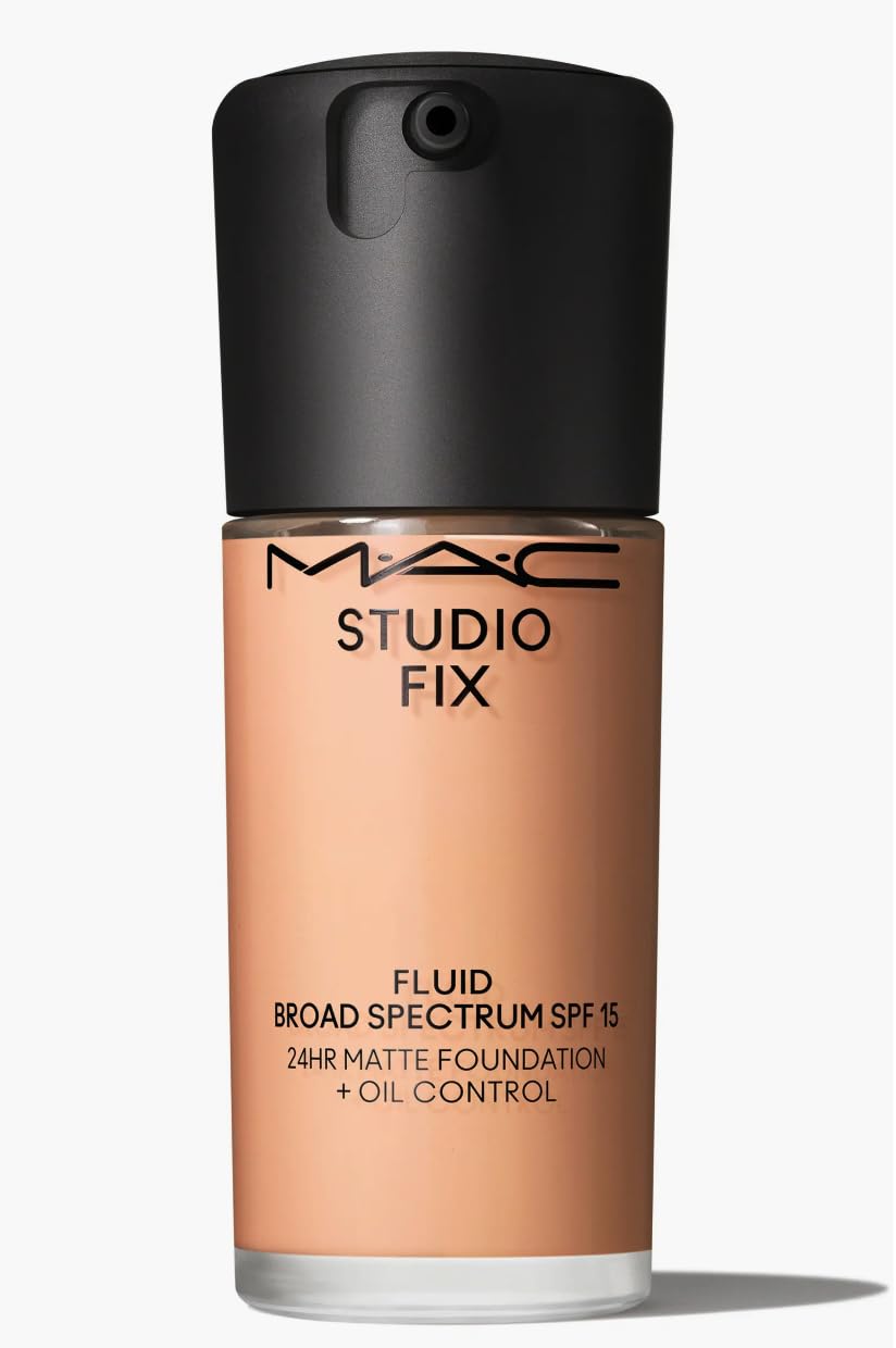 MAC Studio Fix Fluid bottle, oil-control foundation for all-day wear.