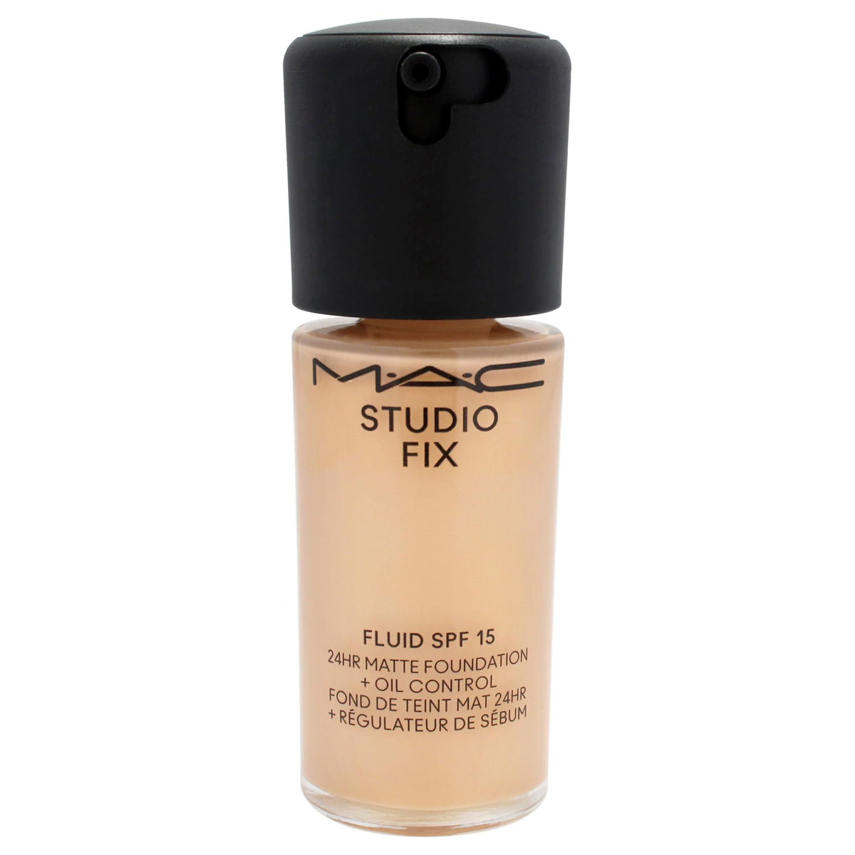 MAC Studio Fix Fluid SPF 15 label closeup shows shade NC25 for warm undertones.