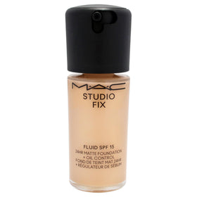 MAC Studio Fix Fluid SPF 15 label closeup shows shade NC25 for warm undertones.