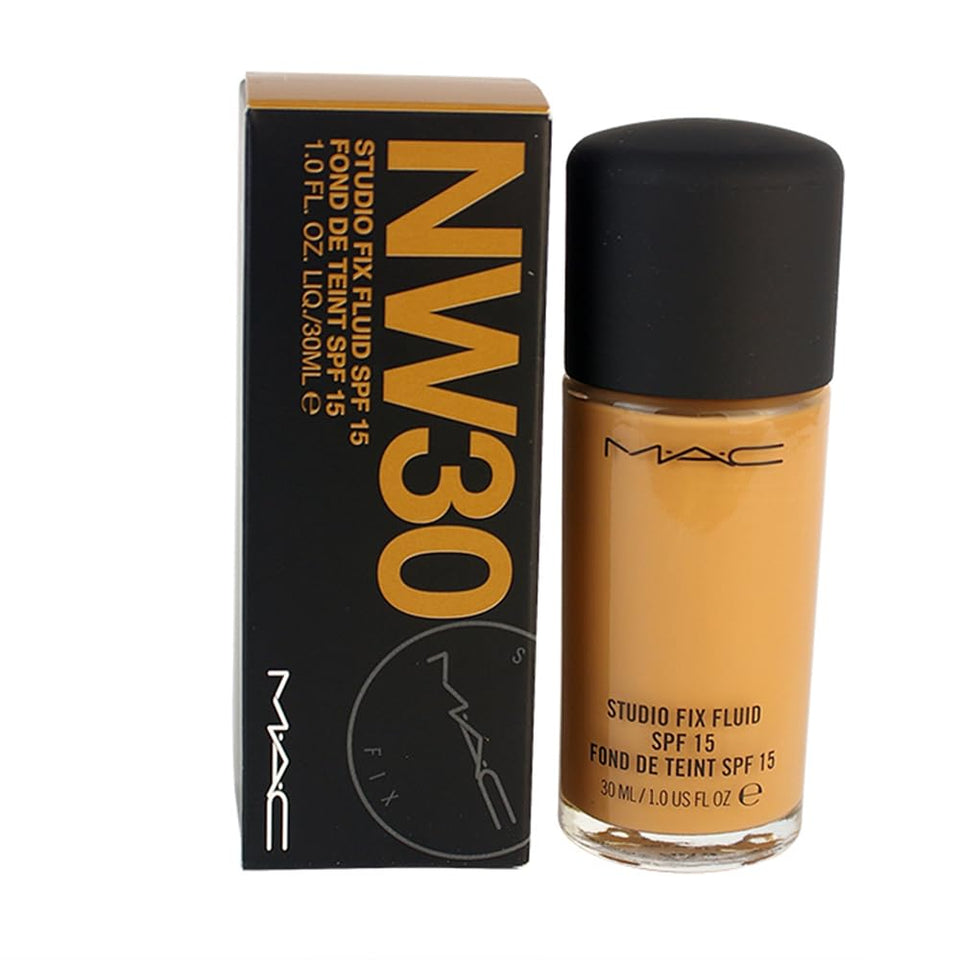 MAC Studio Fix Fluid SPF15 NW30 bottle showing a smooth, even finish for daily wear