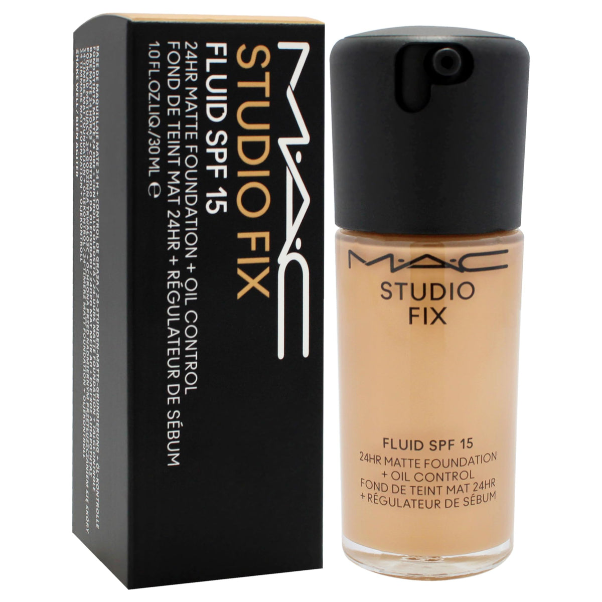MAC Studio Fix Fluid SPF 15 shine-control look highlights oil control and long wear.