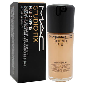 MAC Studio Fix Fluid SPF 15 shine-control look highlights oil control and long wear.