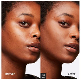 MAC Studio Fix Powder Plus Foundation NC46 sponge application close-up highlights higher coverage.