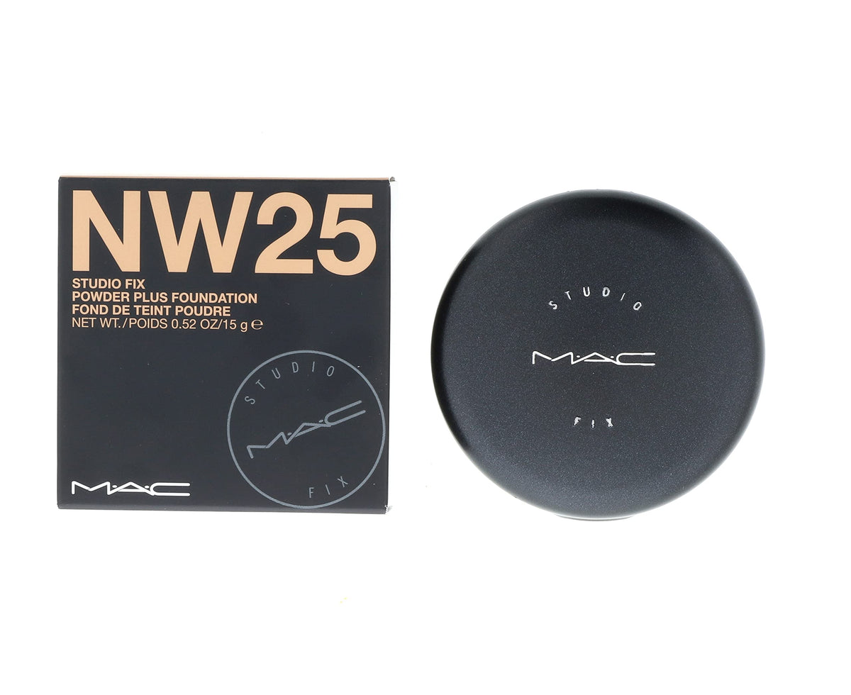 MAC Studio Fix Powder Plus Foundation NW25 on a brush illustrating easy blending