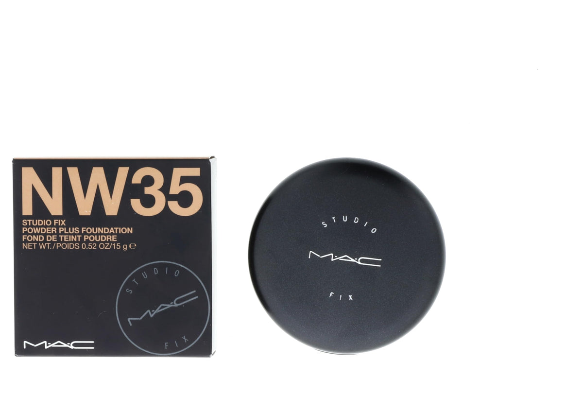MAC Studio Fix Powder Plus Foundation NW35 swatches showing medium-deep shade match.