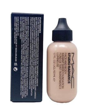 MAC Studio Radiance Foundation texture swatch highlighting sheer, buildable coverage.