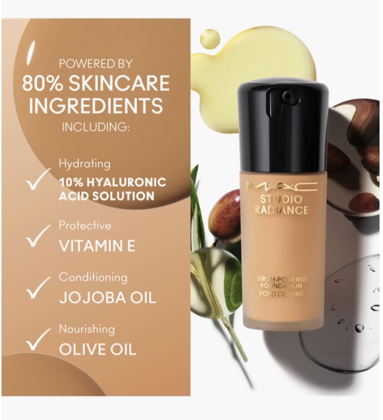 MAC Studio Radiance Serum Foundation packaging reveals dermatologist-tested, non-comedogenic claims.