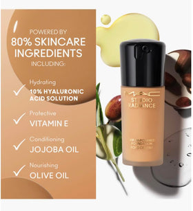 MAC Studio Radiance Serum Foundation packaging reveals dermatologist-tested, non-comedogenic claims.