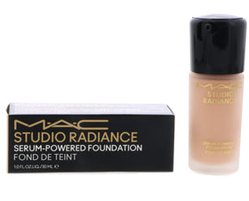 MAC Studio Radiance Serum-Powered Foundation bottle showing hydrating, radiant finish.