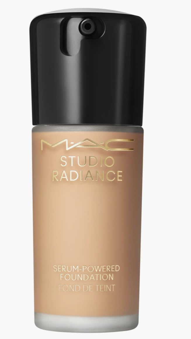 MAC Studio Radiance Serum-Powered Foundation NC27 bottle showing a hydrating glow and buildable coverage.