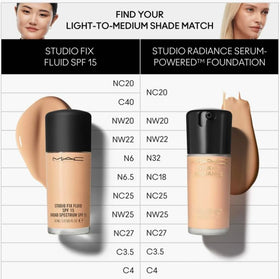 Closeup of MAC Studio Radiance Serum-Powered Foundation NC27 packaging highlighting design and shade info.
