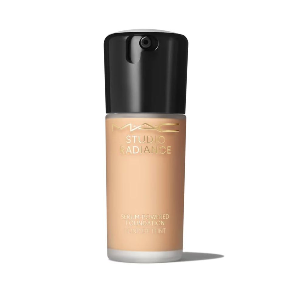 MAC Studio Radiance Serum-Powered Foundation NW15 bottle close-up for radiant, even skin tone.