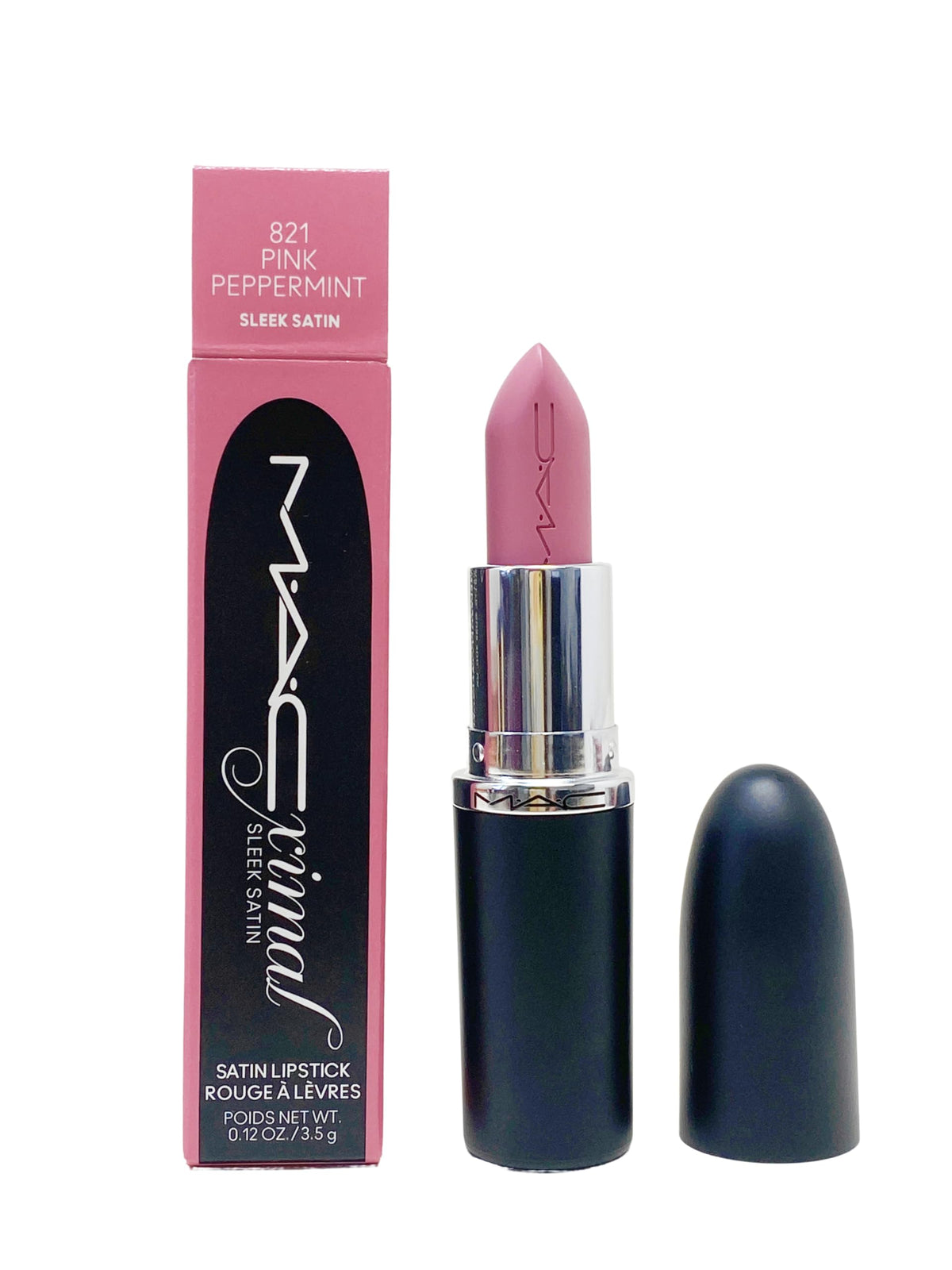 MAC Ximal Sleek Satin Lipstick 821 Pink Peppermint swatch showing pigment-rich color