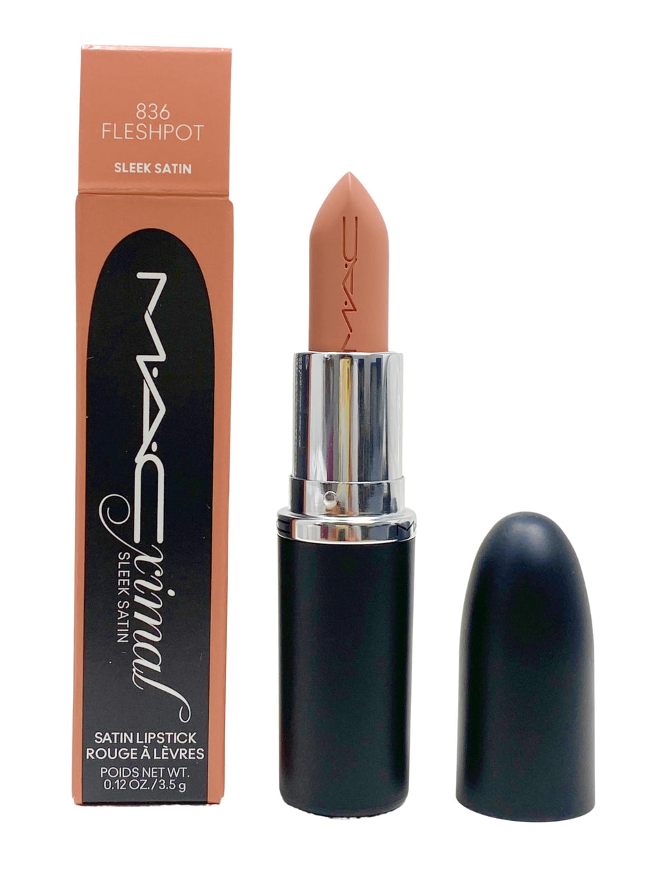MAC Ximal Sleek Satin Lipstick Fleshpot swatch shows warm nude tone.