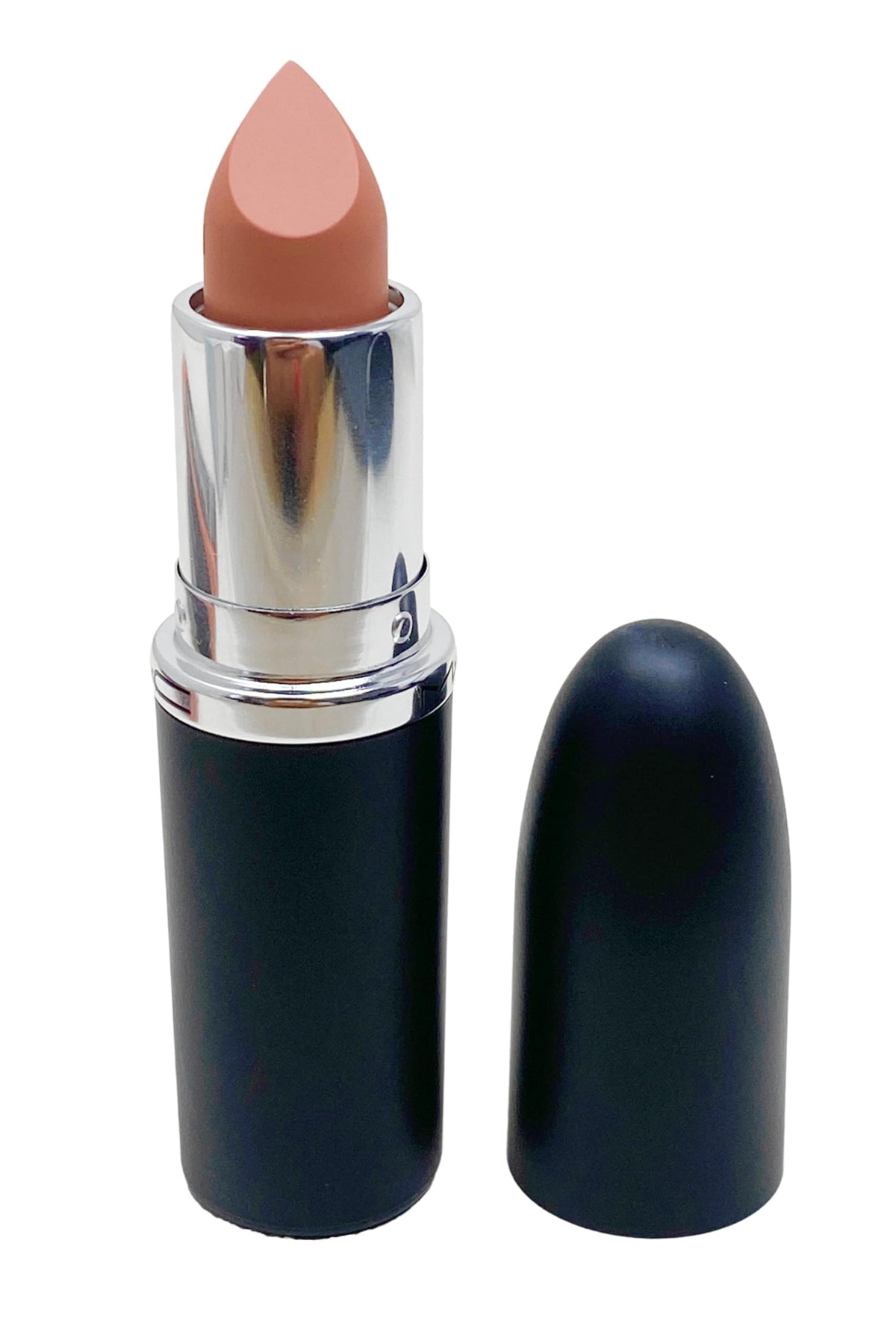 MAC Ximal Sleek Satin Lipstick Fleshpot swatch on skin shows warm nude tone.