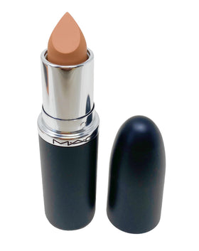 MAC Ximal Sleek Satin Lipstick 837 Peachstock close-up highlighting pigment-rich color and smooth satin texture.