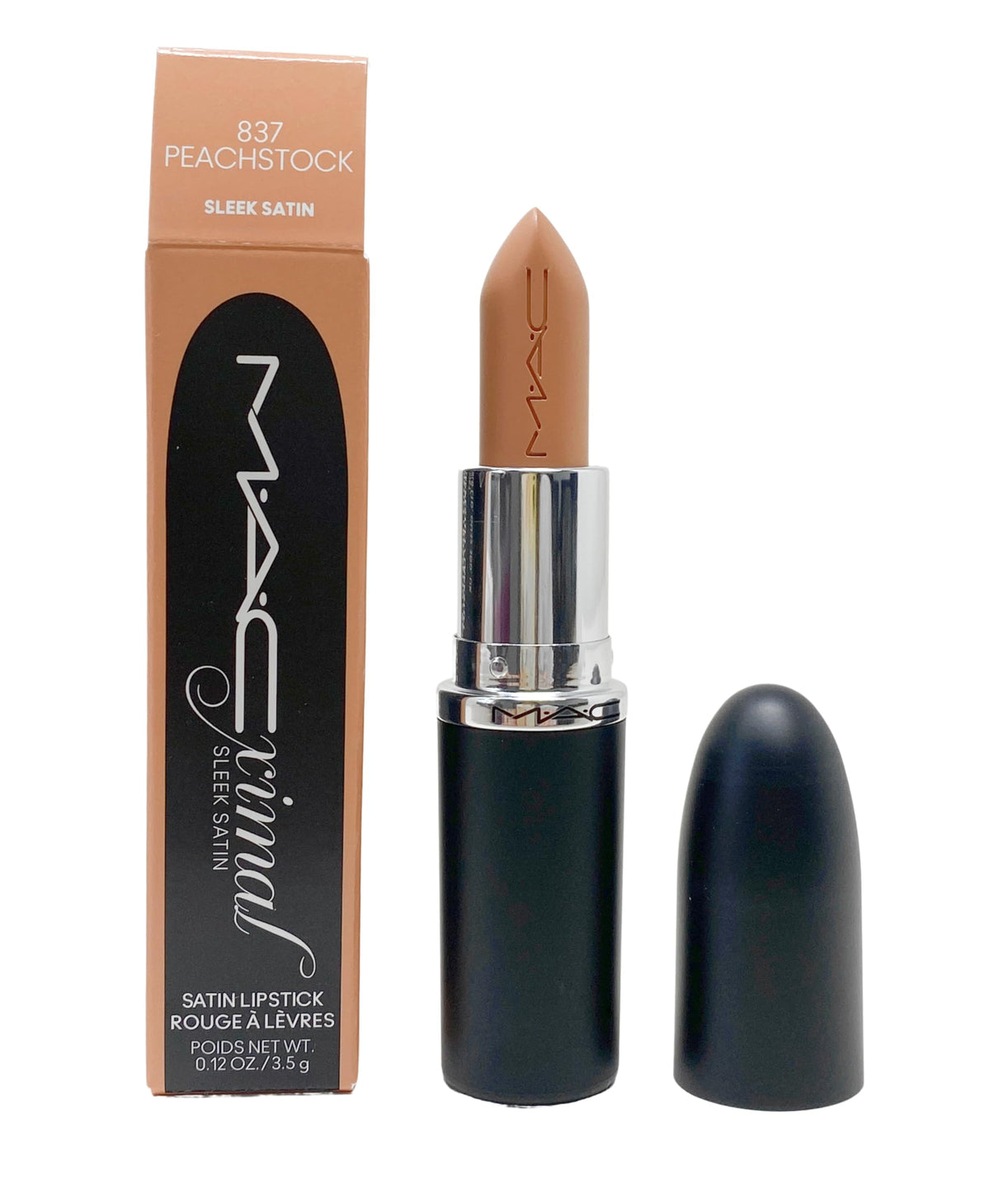 MAC Ximal Sleek Satin Lipstick 837 Peachstock swatch showing warm peach tone for everyday wear.