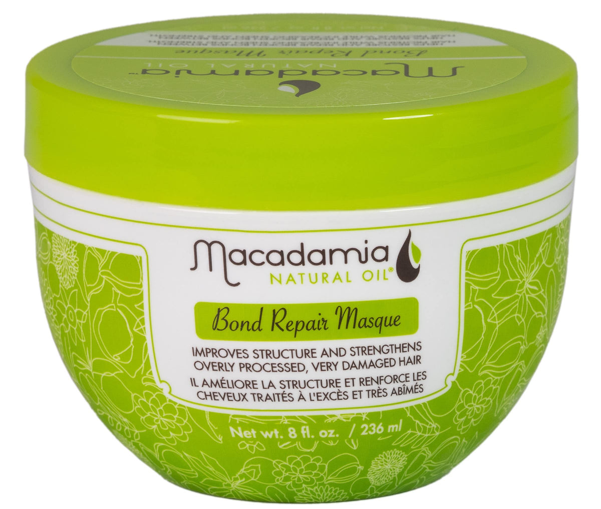 Macadamia Natural Oil Bond Repair Masque jar with creamy texture for damaged hair.