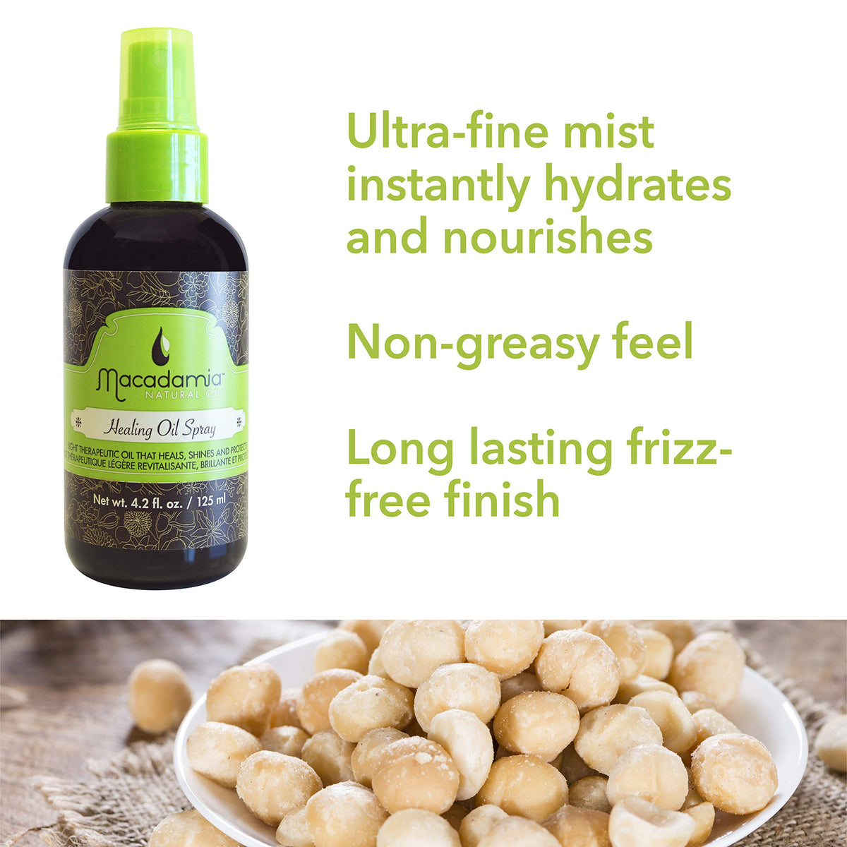 Macadamia Natural Oil Spray applied through hair for shine and manageability.