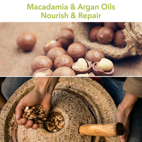Macadamia Natural Oil Spray closeup shows oil droplets and non-greasy feel.