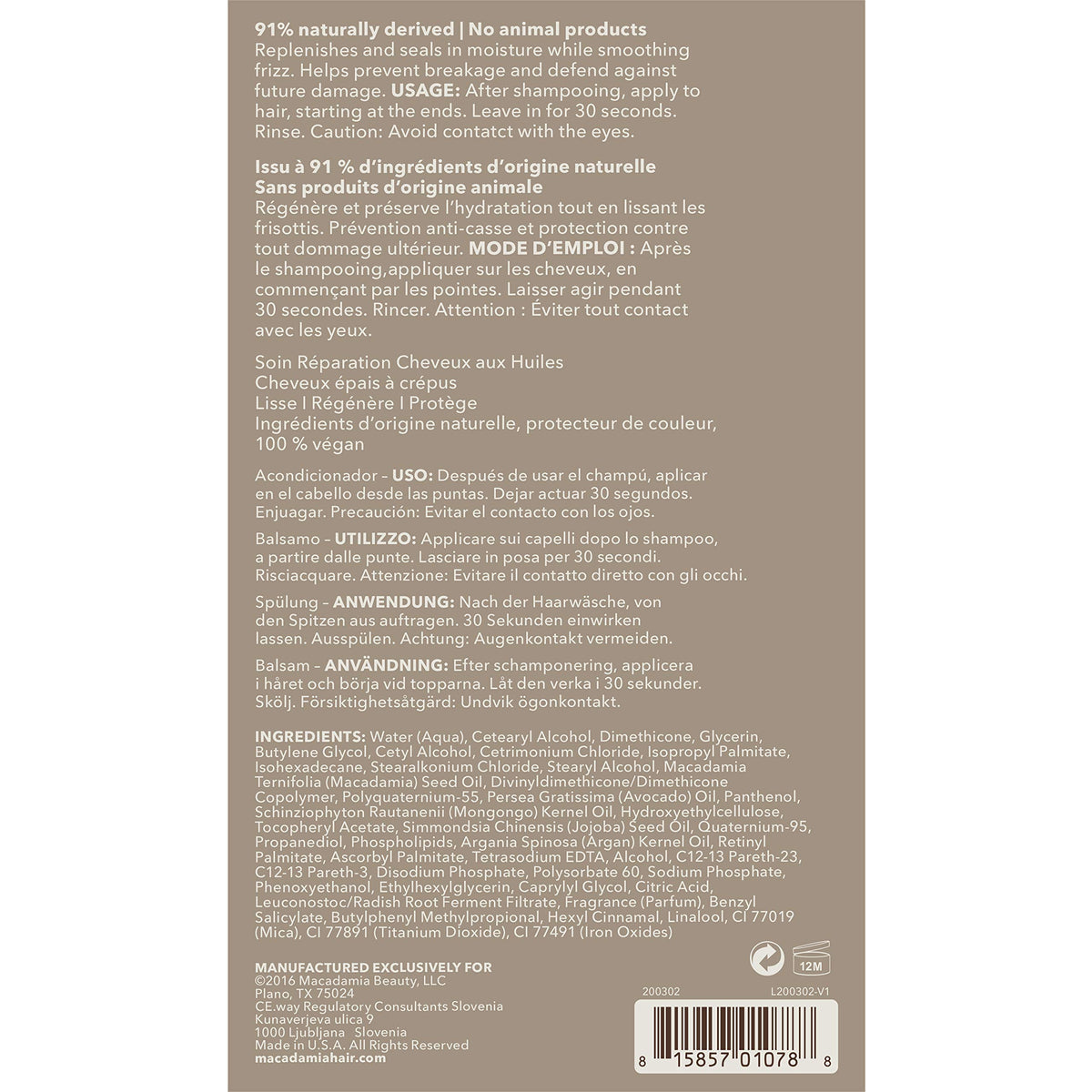 Back label shows vitamin blend for elasticity and strength.