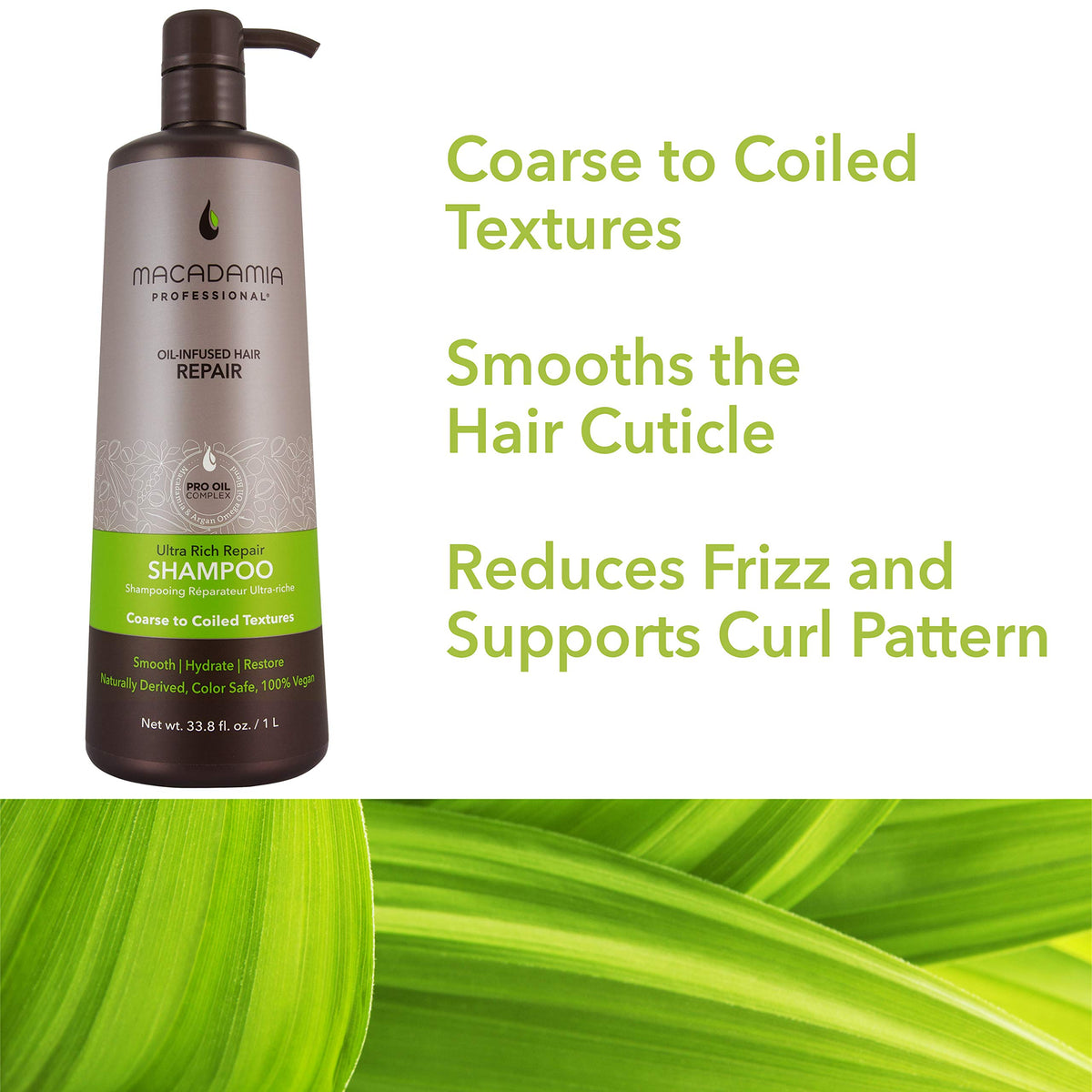 Sulfate-free badge visible on Macadamia Professional Ultra Rich Shampoo packaging.
