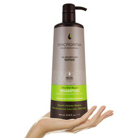 Vegan formula on Macadamia Professional Ultra Rich Shampoo bottle supports gentle cleansing.