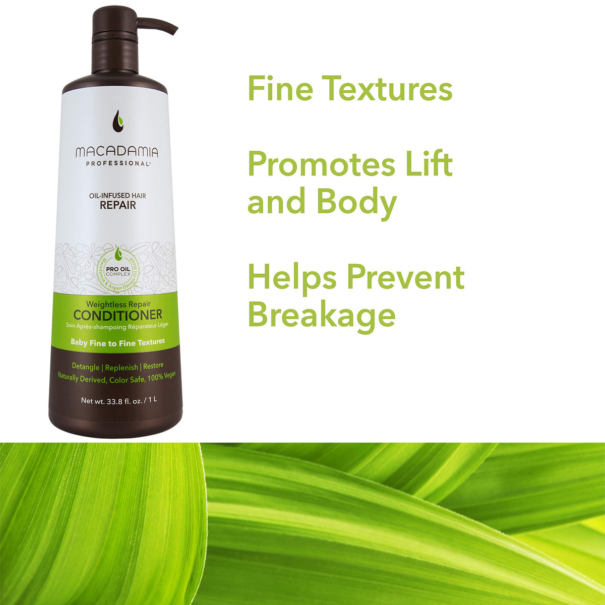 Macadamia Professional Weightless Repair Conditioner natural oils icon highlights clean beauty.