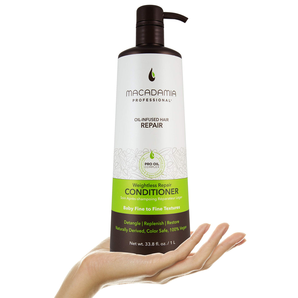 Macadamia Professional Weightless Repair Conditioner ingredients graphic features quinoa and panthenol.