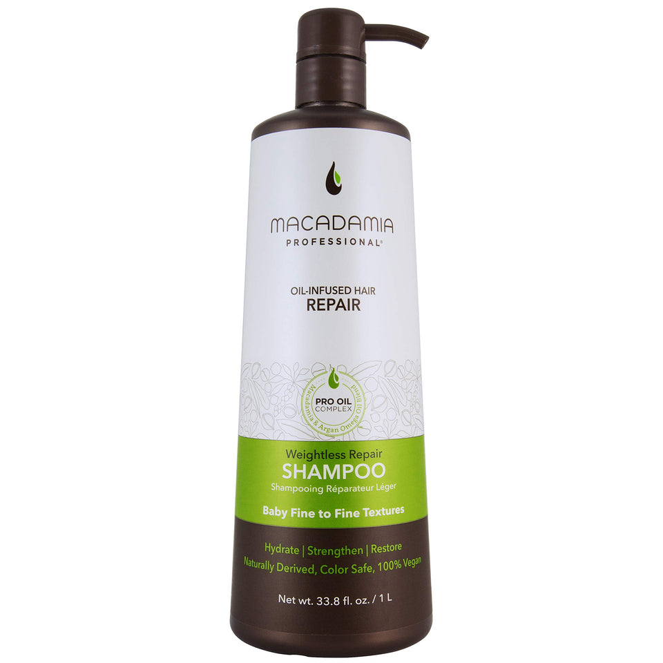 Macadamia Professional Weightless Repair Shampoo bottle boosts lift for fine hair.