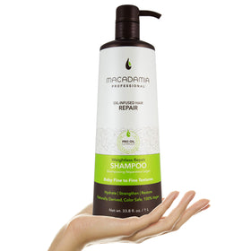Macadamia Professional Weightless Repair Shampoo lift with fine hair look.