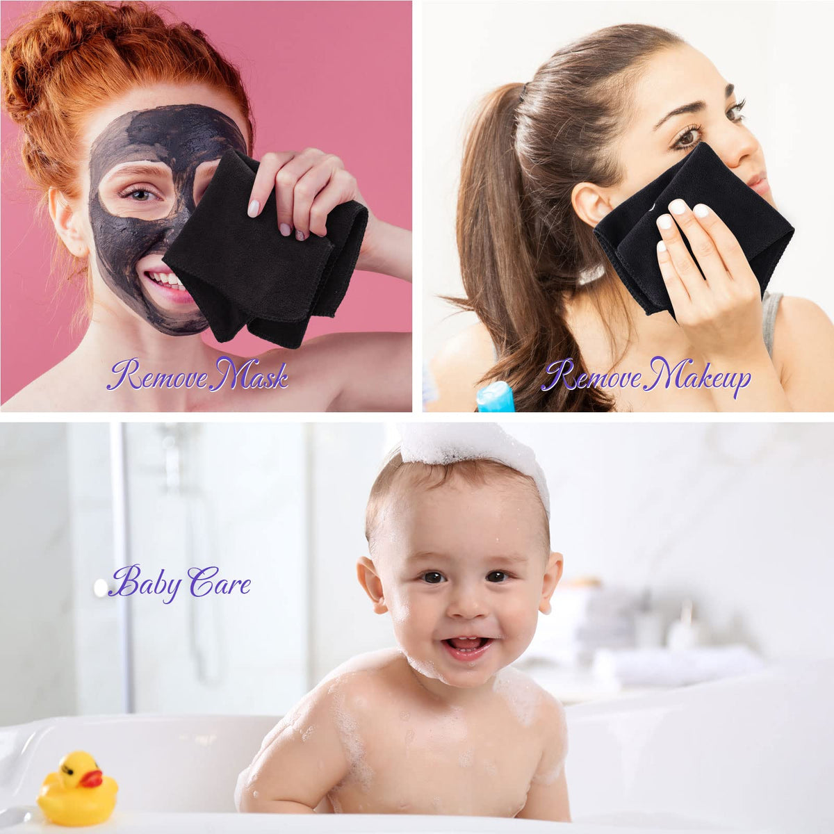 Macarrie makeup towels in black color complement bathroom and hotel decor.