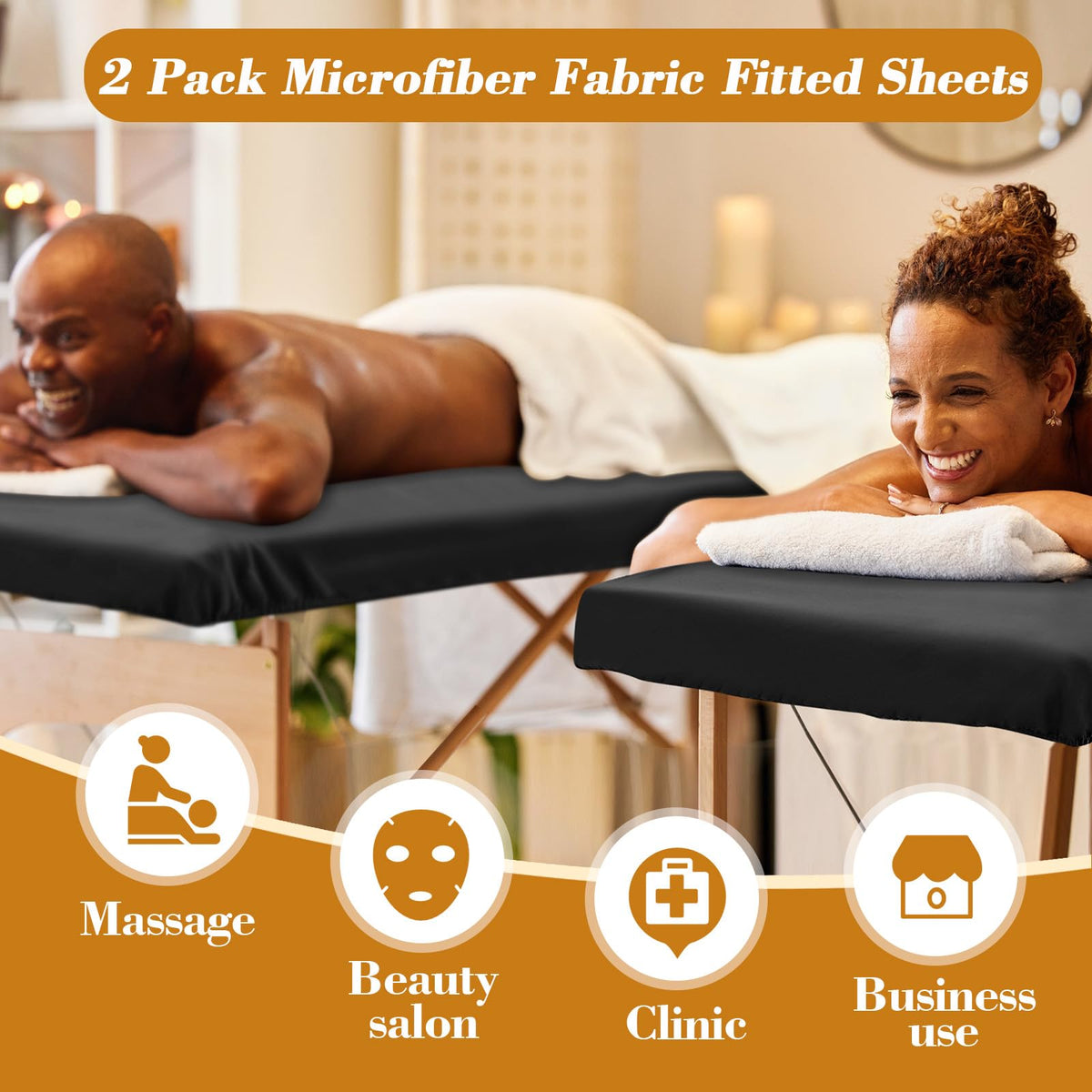 Macarrie massage table sheets fitted on bed demonstrate secure coverage and oil protection.