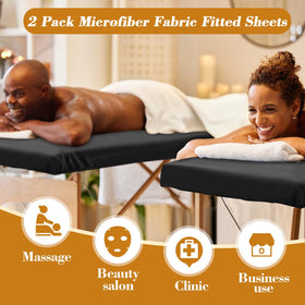 Macarrie massage table sheets fitted on bed demonstrate secure coverage and oil protection.