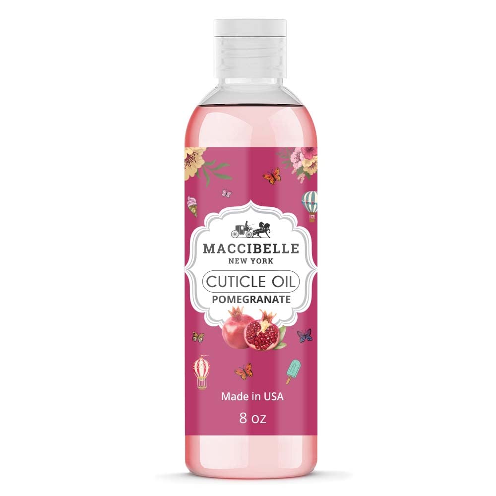 Maccibelle Cuticle Oil bottle with pomegranate helps nourish dry cuticles and nails.