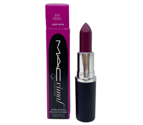 MAC M.A.Cximal Sleek Satin Lipstick Rebel front view with rich midtone plum color