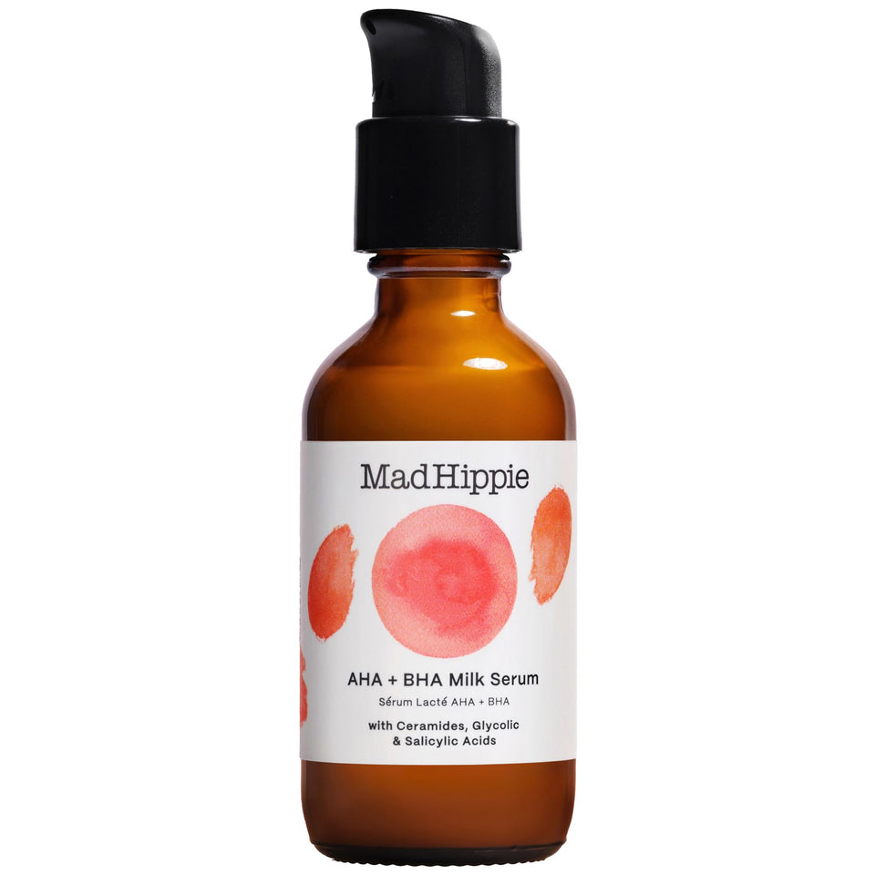 Mad Hippie AHA + BHA Milk Serum bottle with pump for gentle exfoliation and hydration.