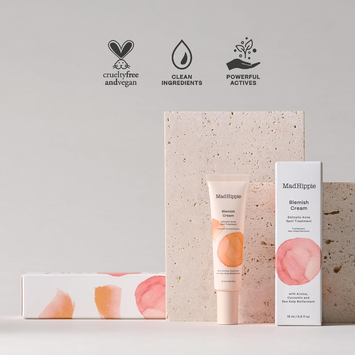 Packaging box emphasizes cruelty-free and non-GMO commitments for Mad Hippie.