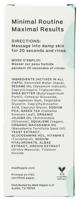 Close-up of Mad Hippie Cleanser bottle showing creamy foam for gentle cleansing.