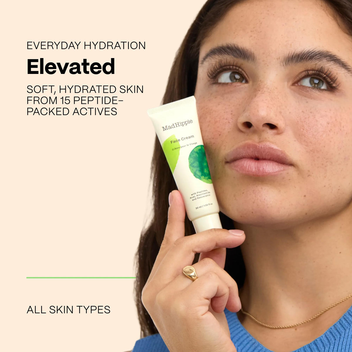 Mad Hippie Face Cream bottle pump closeup demonstrating lightweight, fast-absorbing moisturizer.